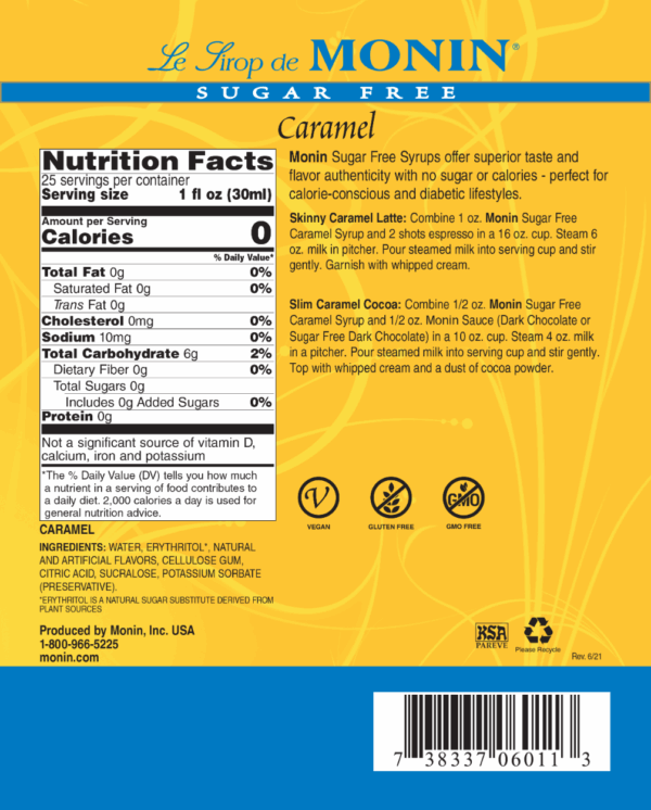 Monin - Sugar Free Caramel Syrup 750ml - Image 2