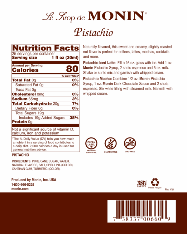 Monin Syrup Pistachio 750ml - Image 2