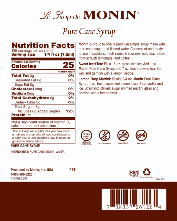 Monin - Pure Cane Liquid Sugar Syrup 1L - Image 2