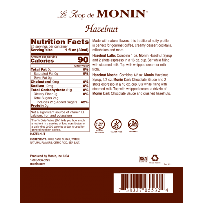 Monin - Hazelnut Syrup 750ML - Image 2